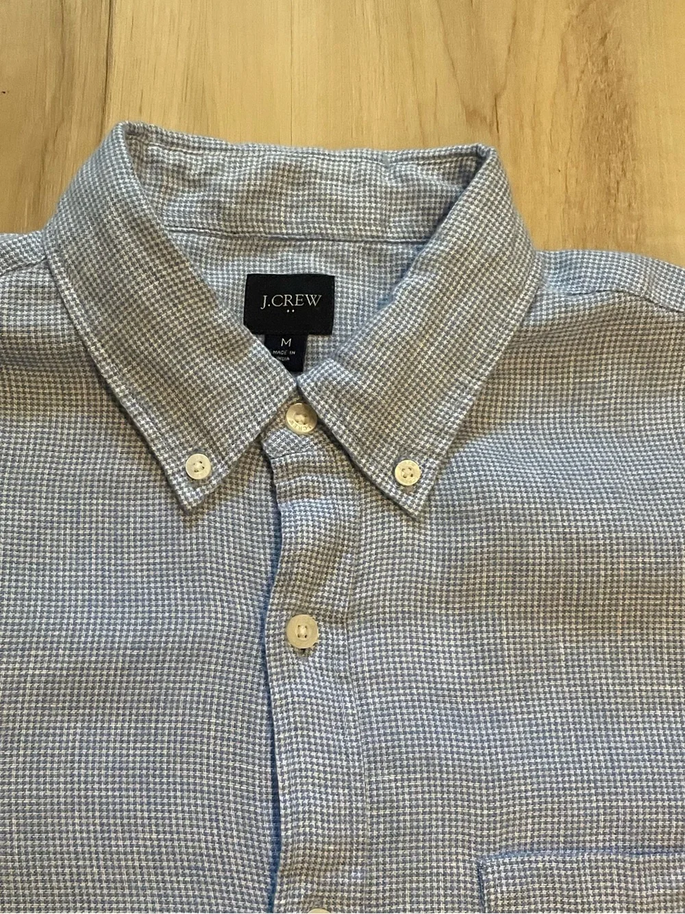 J. Crew Linen Blend Button Down Shirt Men's Size Medium Blue Houndstooth
